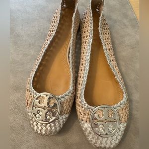 Tory Burch Light Taupe and Silver Woven Flats
